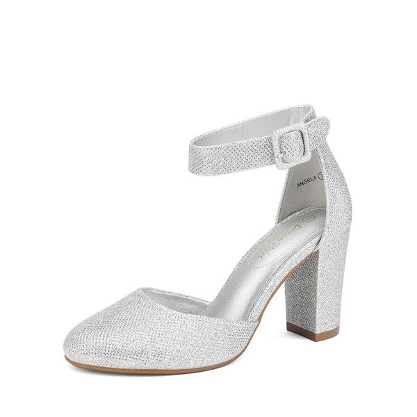 Round Toe Chunky Heel Pumps - SILVER GLITTER -  0